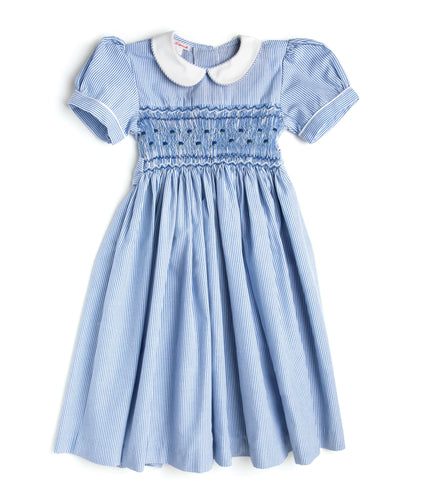 Midi Smocked Blue Striped Dress - MiniSmock