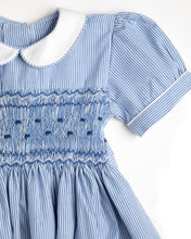 Load image into Gallery viewer, Midi Smocked Blue Striped Dress - MiniSmock
